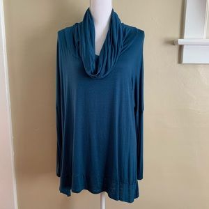 LUX USA Teal Cowl Neck Soft Jersey Stretchy Knit Tunic Top, Small